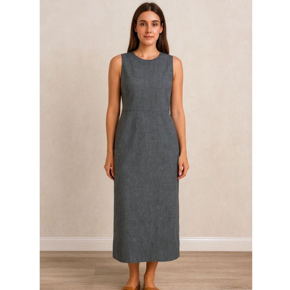 Apiece Apart Tailored Back Slit Sheath Sleeveless Midi Dress Chambray Size 8